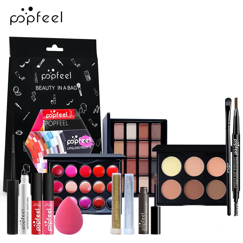 POPFEEEL All-In-One Professional Makeup Kit with Glitter Travel Case – Complete 35+ Piece Cosmetics & Brush Set for Beginners and Pros (KIT014)
