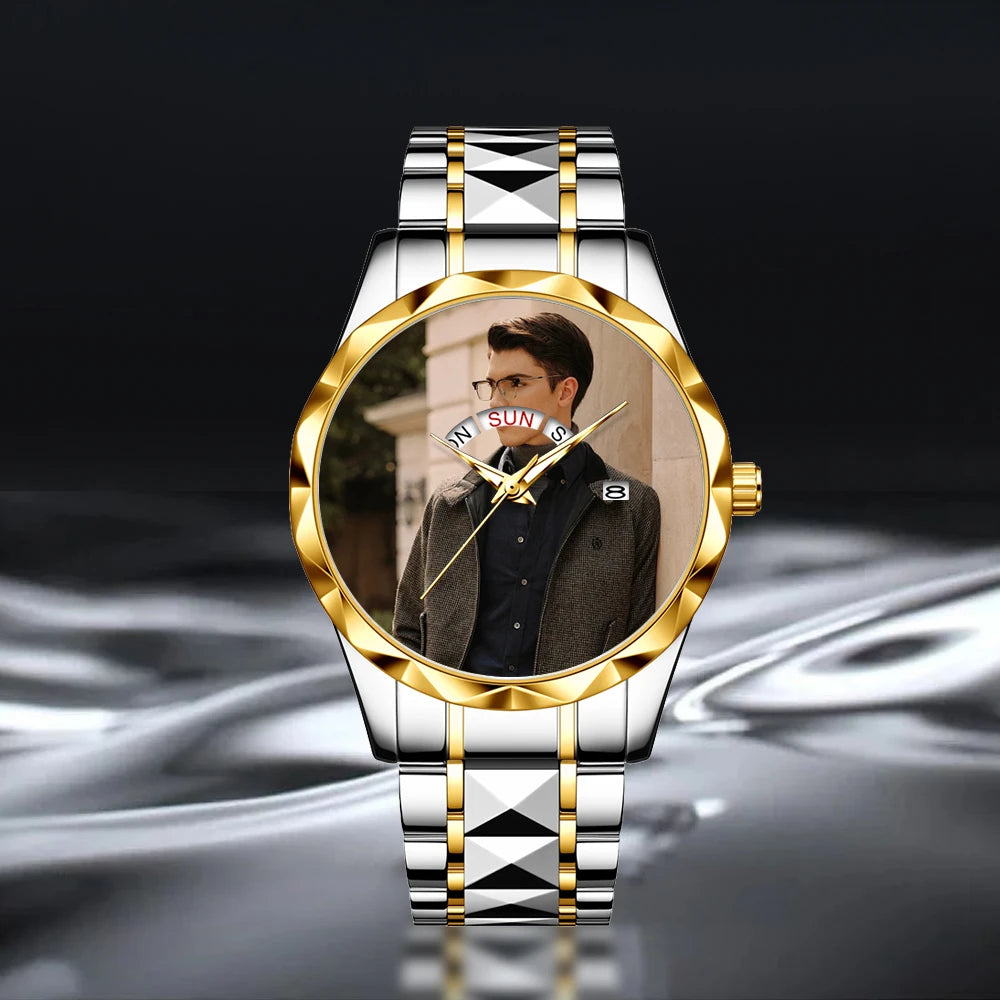 Customized Personalized Photo Calendar Watch for Men – Luxury Waterproof Stainless Steel Quartz Wristwatch with Day-Date Display