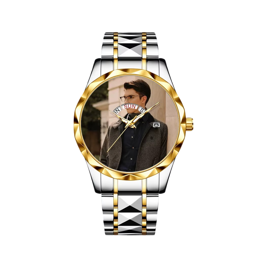 Customized Personalized Photo Calendar Watch for Men – Luxury Waterproof Stainless Steel Quartz Wristwatch with Day-Date Display