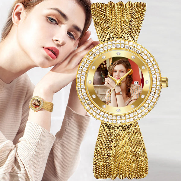 Personalized Diamond-Bezel Mesh Strap Women's Watch – Custom Photo Dial