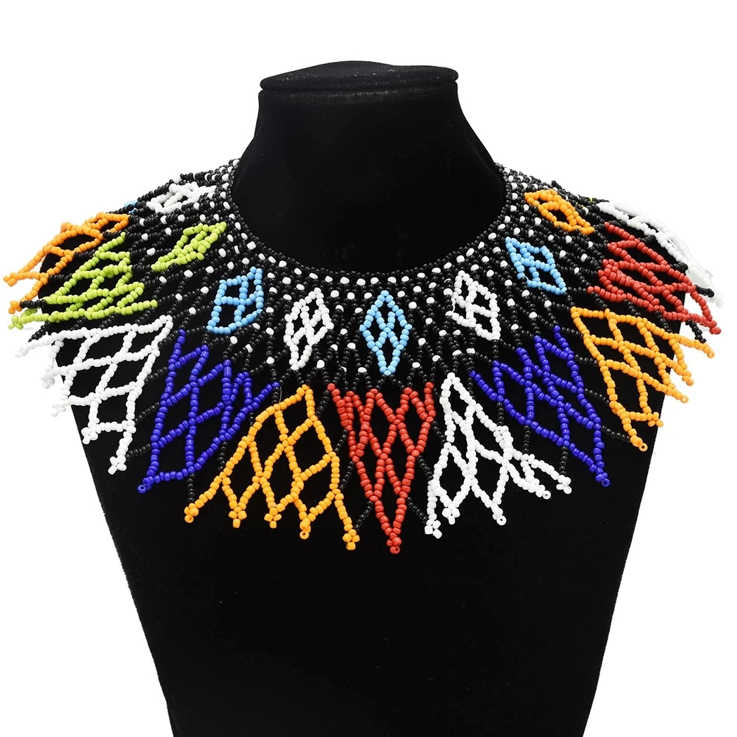 Handcrafted African Beaded Collar Necklace – Vibrant Traditional Zulu Inspired Statement Choker
