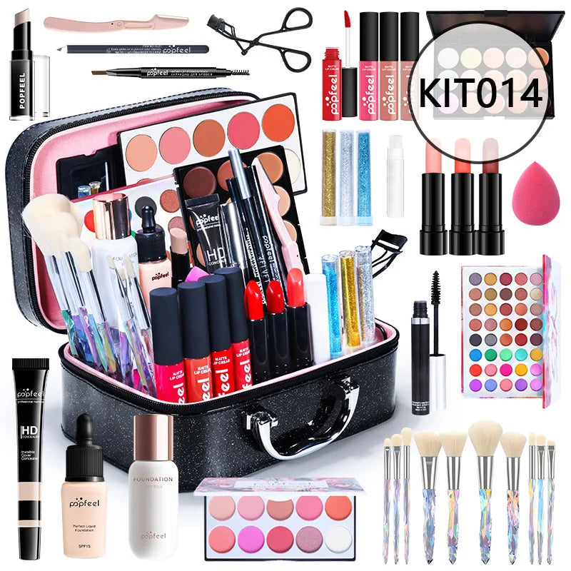 POPFEEEL All-In-One Professional Makeup Kit with Glitter Travel Case – Complete 35+ Piece Cosmetics & Brush Set for Beginners and Pros (KIT014)