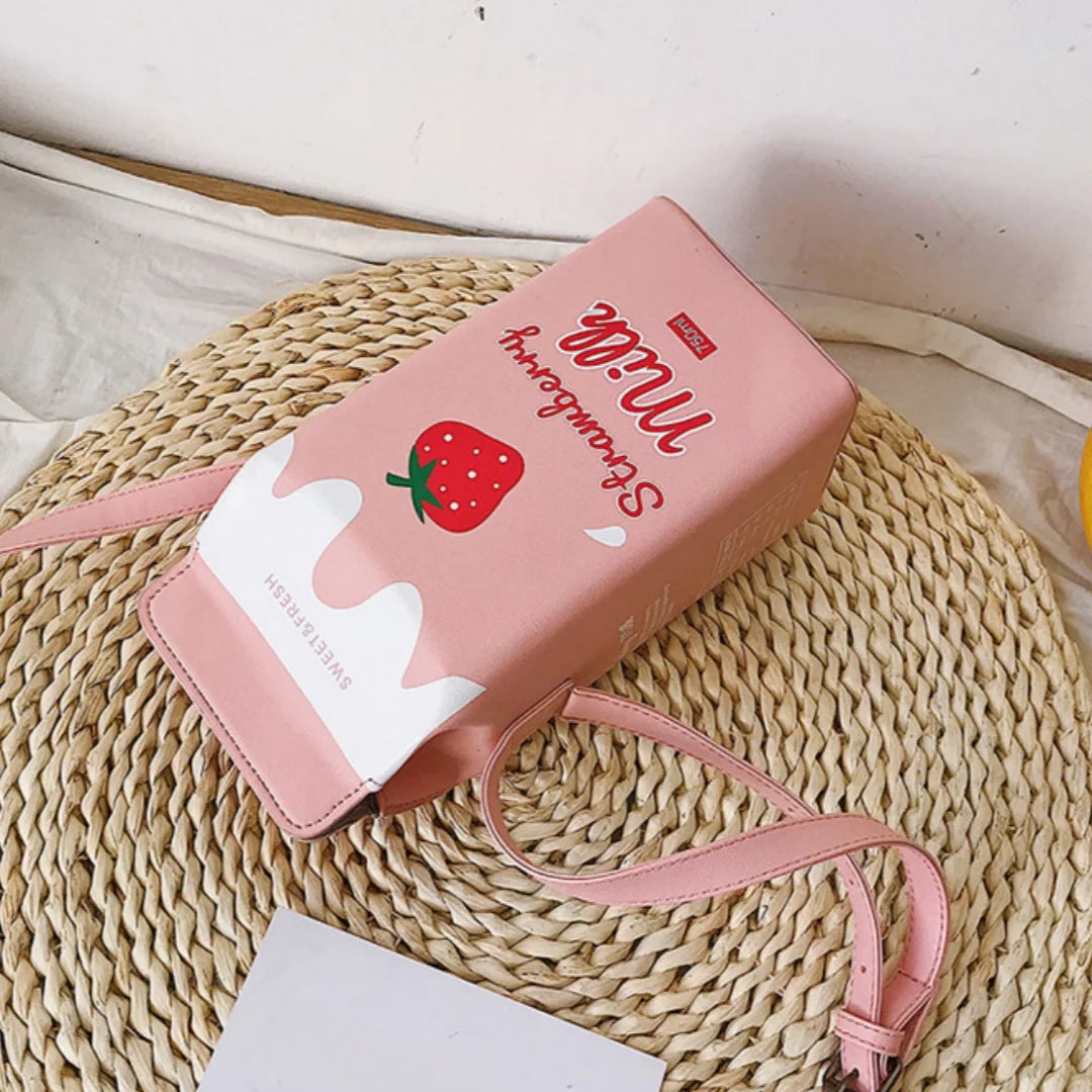 Product Title Kawaii Strawberry Milk Carton Crossbody Bag – Cute Harajuku Style PU Leather Shoulder Purse