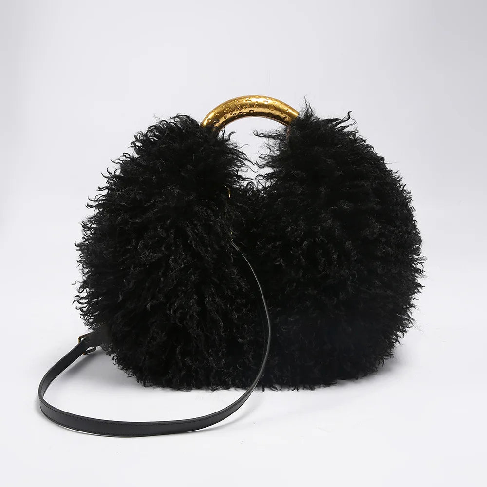 Luxury Faux Shearling Fluffy Cloud Handbag – Chic Curly Plush Crossbody Bag with Hammered Gold Top Handle