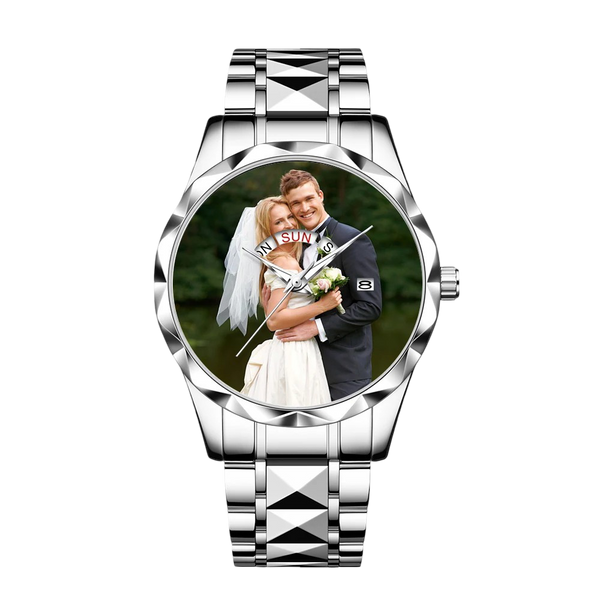 Customized Personalized Photo Calendar Watch for Men – Luxury Waterproof Stainless Steel Quartz Wristwatch with Day-Date Display