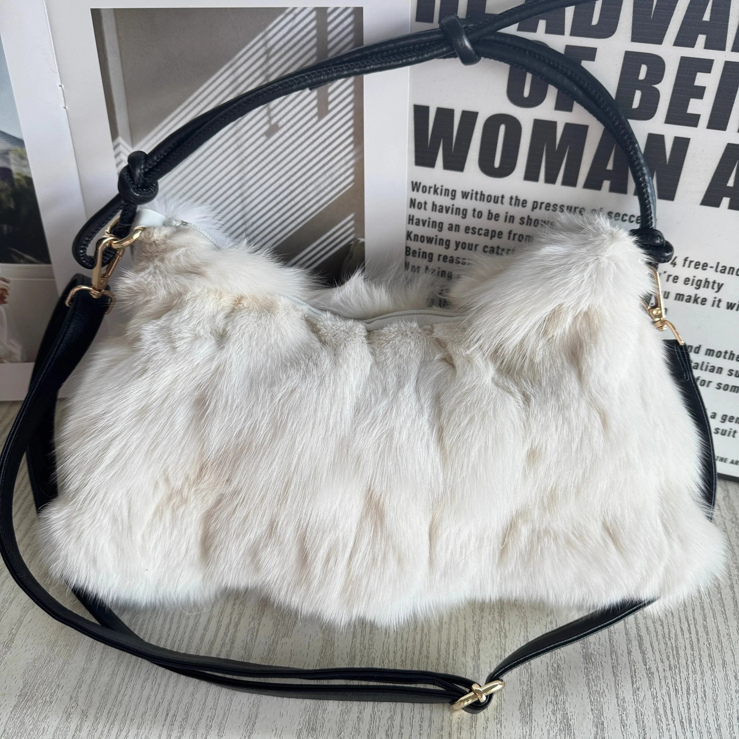 Luxury Faux Fur Color-Block Shoulder Bag – Plush Underarm Handbag with Sleek Leather Strap