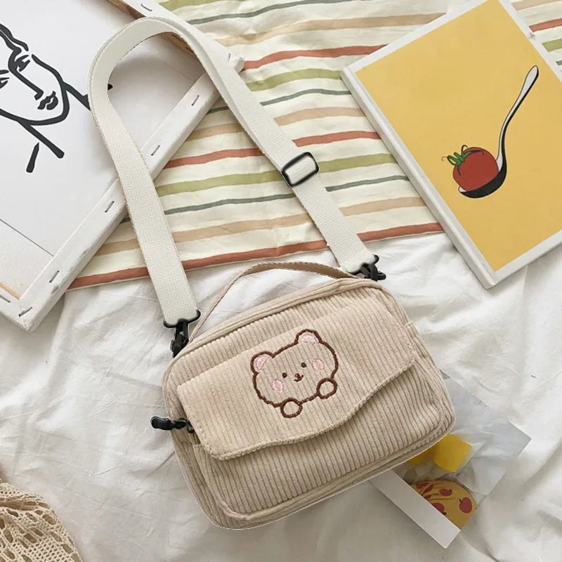 Vintage Corduroy Crossbody Bag Casual Multi-Pocket Shoulder Sling Messenger Bag for Women