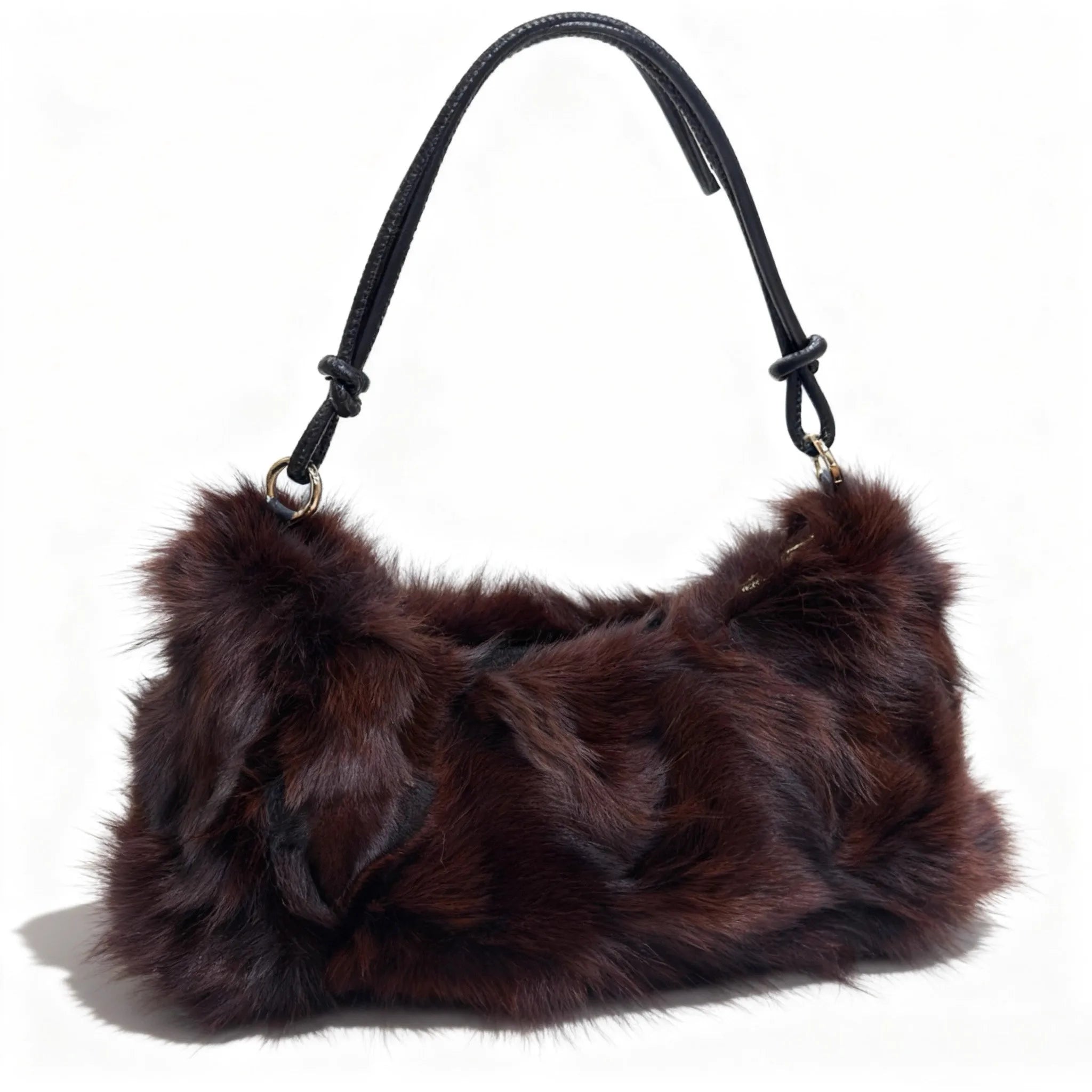Luxury Faux Fur Color-Block Shoulder Bag – Plush Underarm Handbag with Sleek Leather Strap