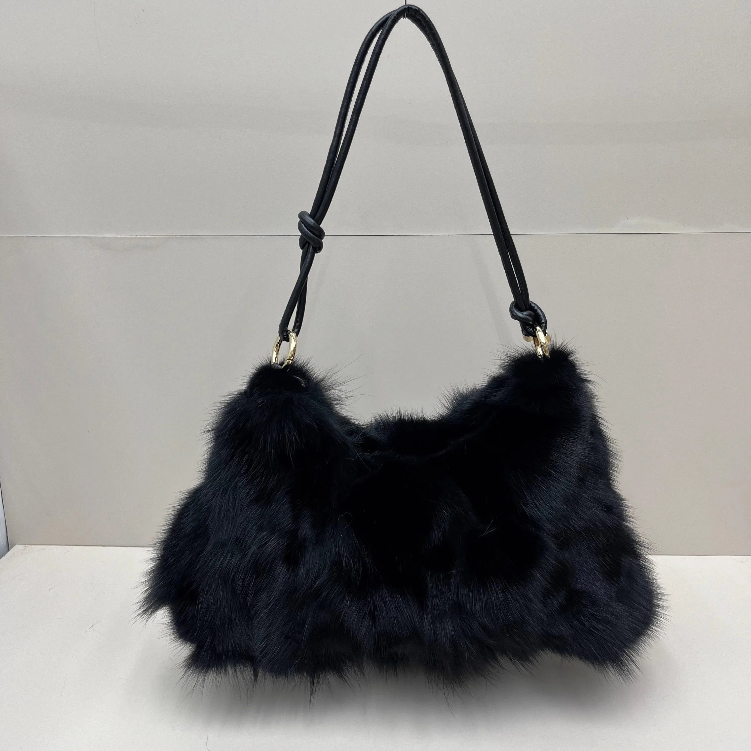 Luxury Faux Fur Color-Block Shoulder Bag – Plush Underarm Handbag with Sleek Leather Strap