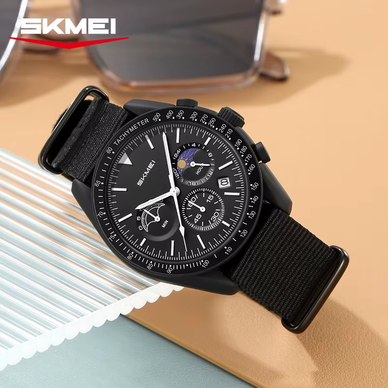 SKMEI Women's Sports Chronograph Watch with Pink NATO Nylon Strap & Moon Phase Dial