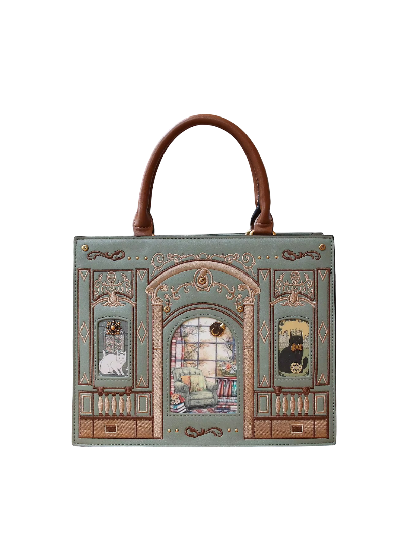 Vintage Baroque Library Top-Handle Satchel – Elegant Embossed Literary Cat Handbag