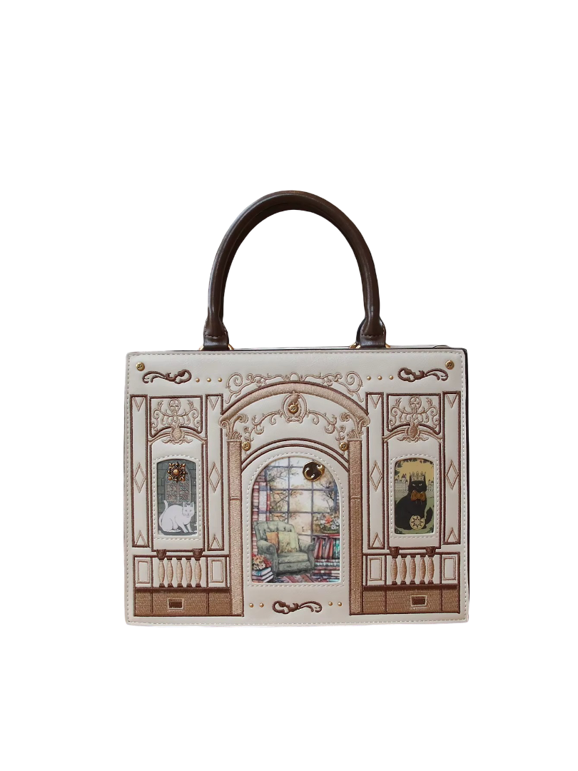 Vintage Baroque Library Top-Handle Satchel – Elegant Embossed Literary Cat Handbag