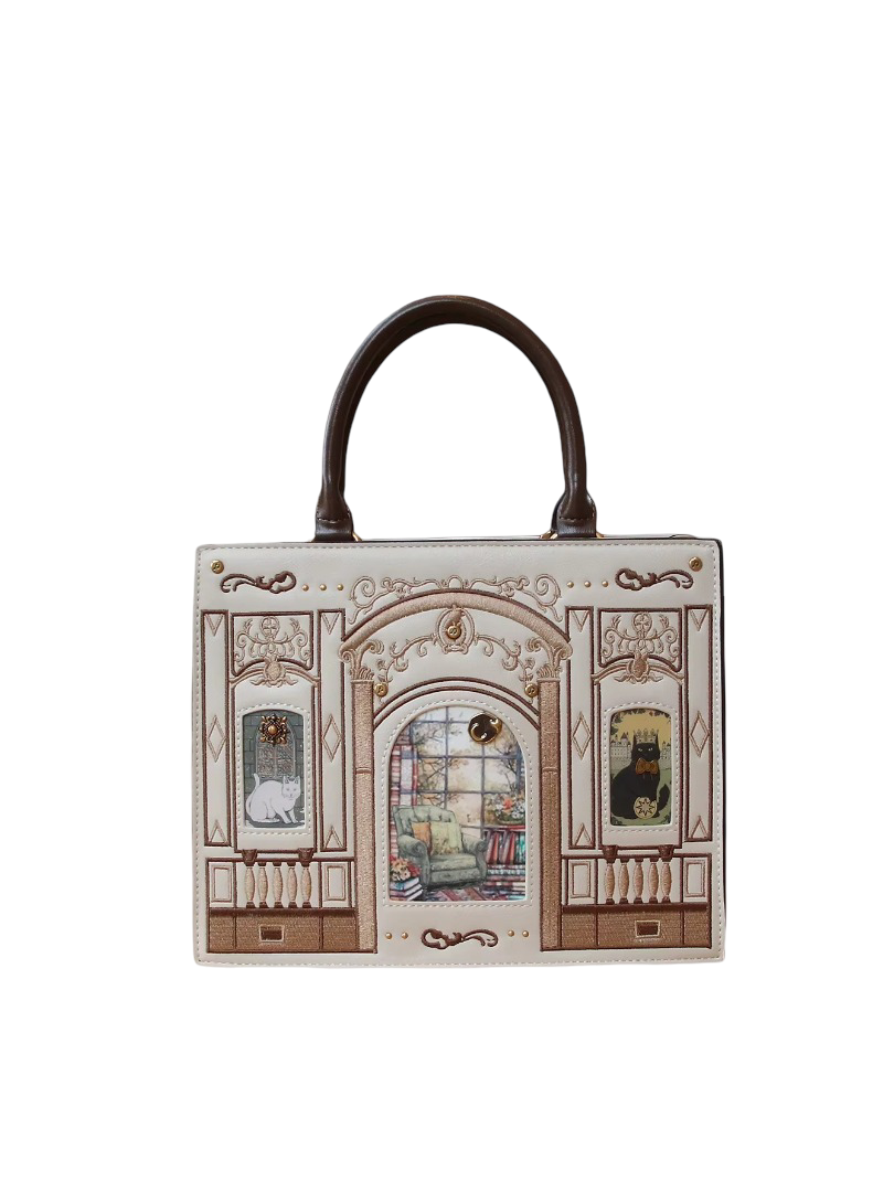 Vintage Baroque Library Top-Handle Satchel – Elegant Embossed Literary Cat Handbag