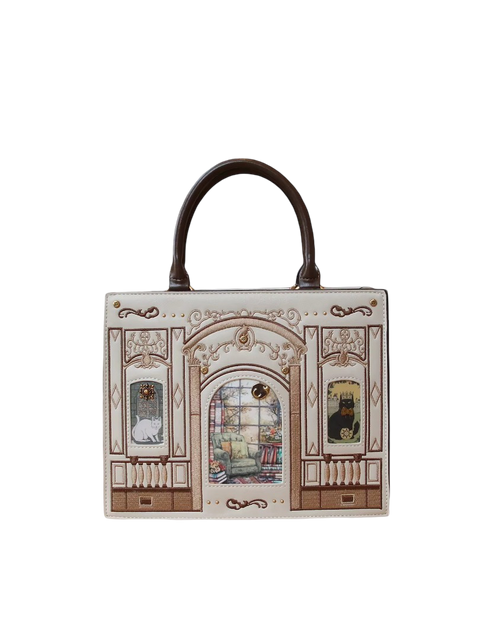 Vintage Baroque Library Top-Handle Satchel – Elegant Embossed Literary Cat Handbag