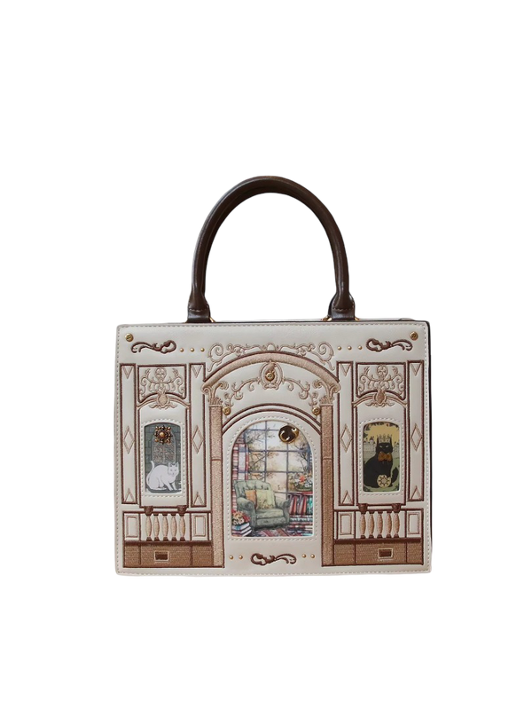 Vintage Baroque Library Top-Handle Satchel – Elegant Embossed Literary Cat Handbag