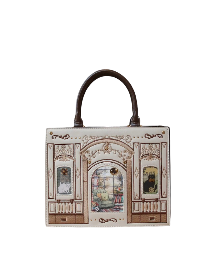 Vintage Baroque Library Top-Handle Satchel – Elegant Embossed Literary Cat Handbag