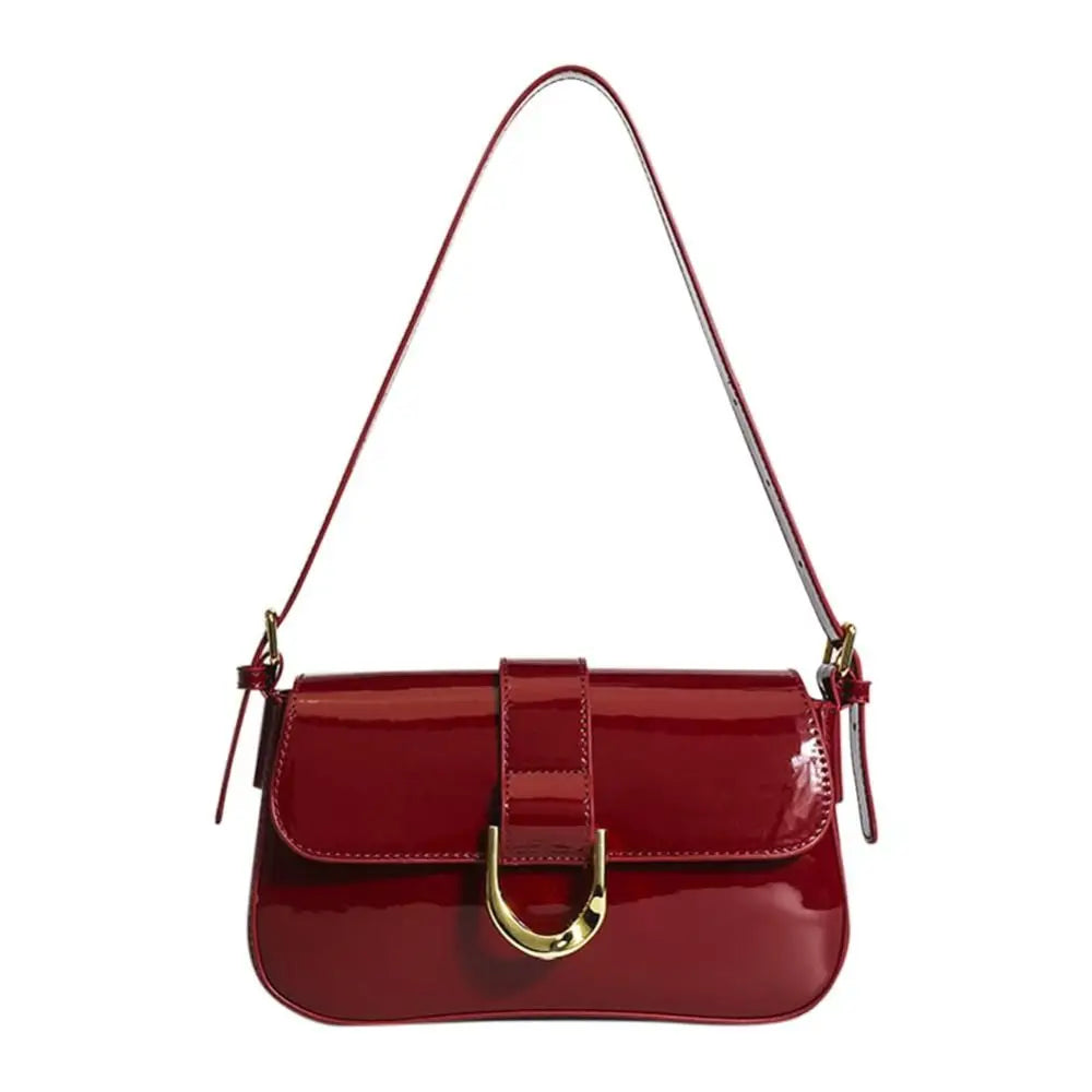 Elegant Wine Red Patent Leather Shoulder Bag – Vintage Glossy Baguette Handbag with Gold Hardware
