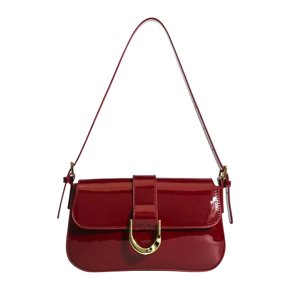 Elegant Wine Red Patent Leather Shoulder Bag – Vintage Glossy Baguette Handbag with Gold Hardware