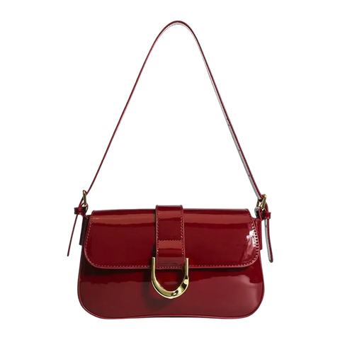 Elegant Wine Red Patent Leather Shoulder Bag – Vintage Glossy Baguette Handbag with Gold Hardware