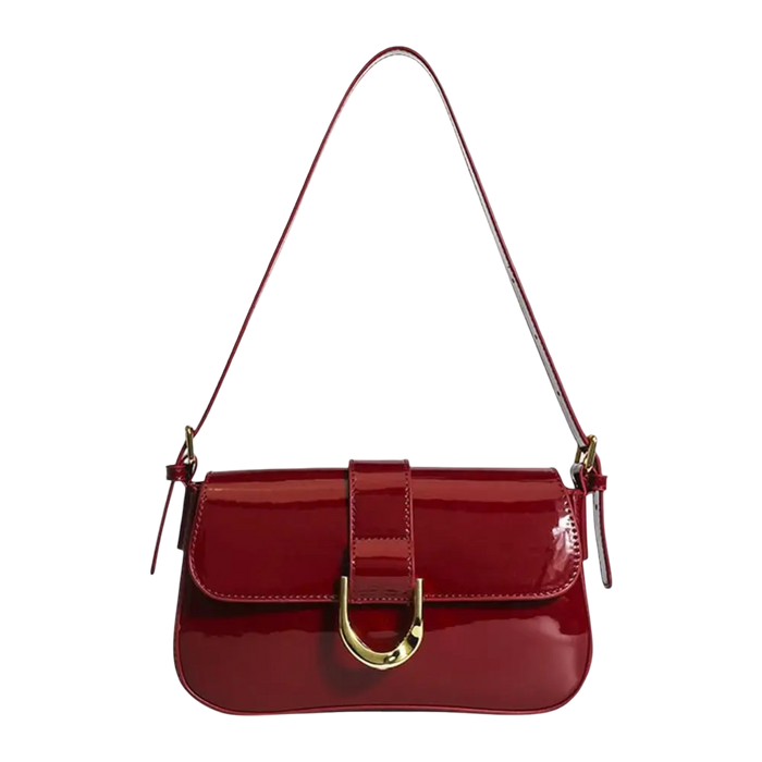 Elegant Wine Red Patent Leather Shoulder Bag – Vintage Glossy Baguette Handbag with Gold Hardware