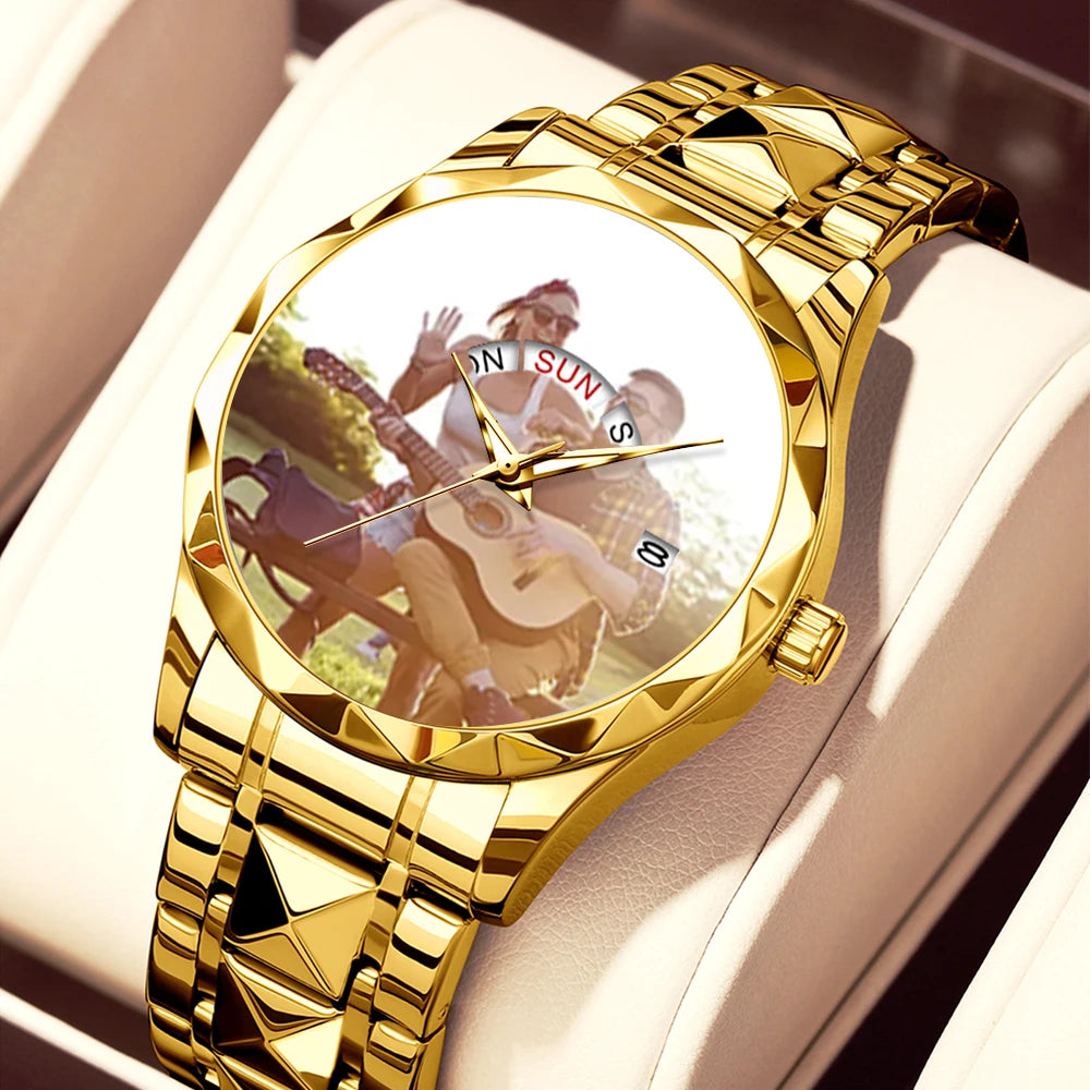 Luxury Two-Tone Stainless Steel Women's Quartz Watch – Custom Photo Dial with Day/Date Display