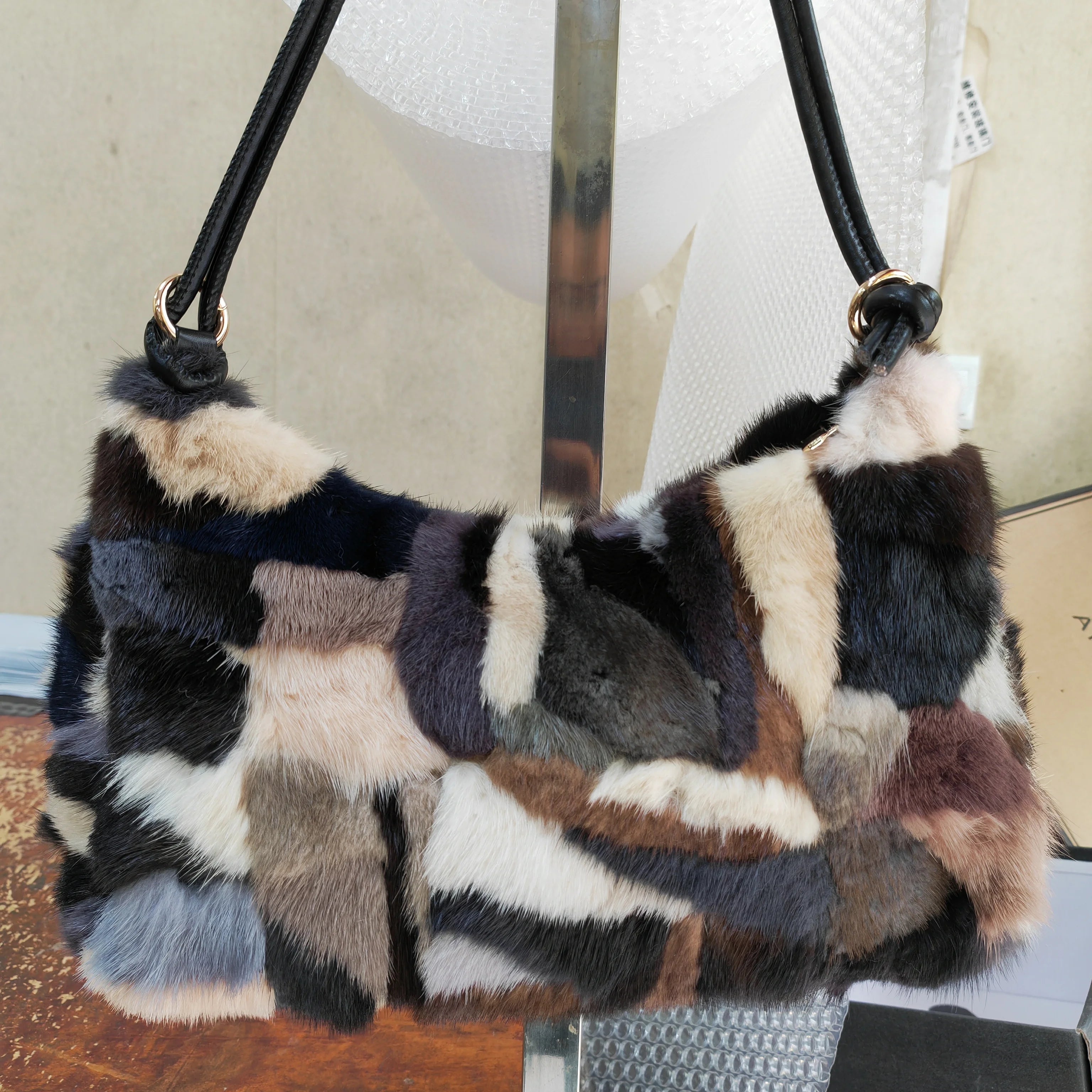 Luxury Faux Fur Color-Block Shoulder Bag – Plush Underarm Handbag with Sleek Leather Strap