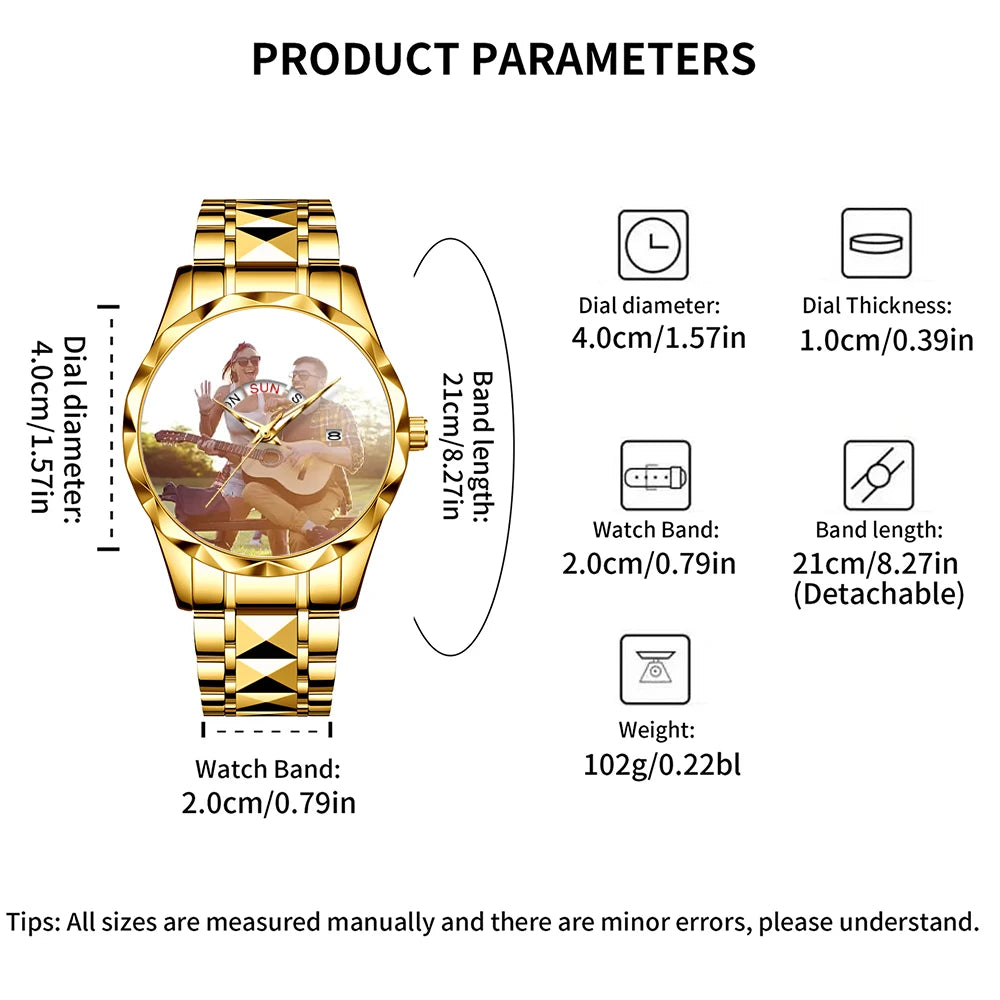 Luxury Two-Tone Stainless Steel Women's Quartz Watch – Custom Photo Dial with Day/Date Display