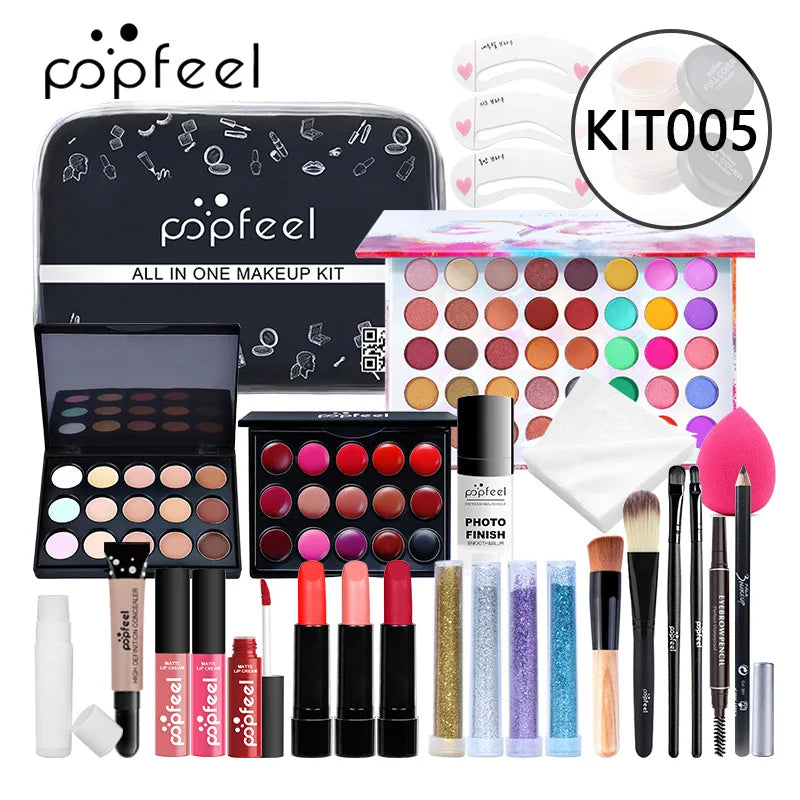 POPFEEEL All-In-One Professional Makeup Kit with Glitter Travel Case – Complete 35+ Piece Cosmetics & Brush Set for Beginners and Pros (KIT014)