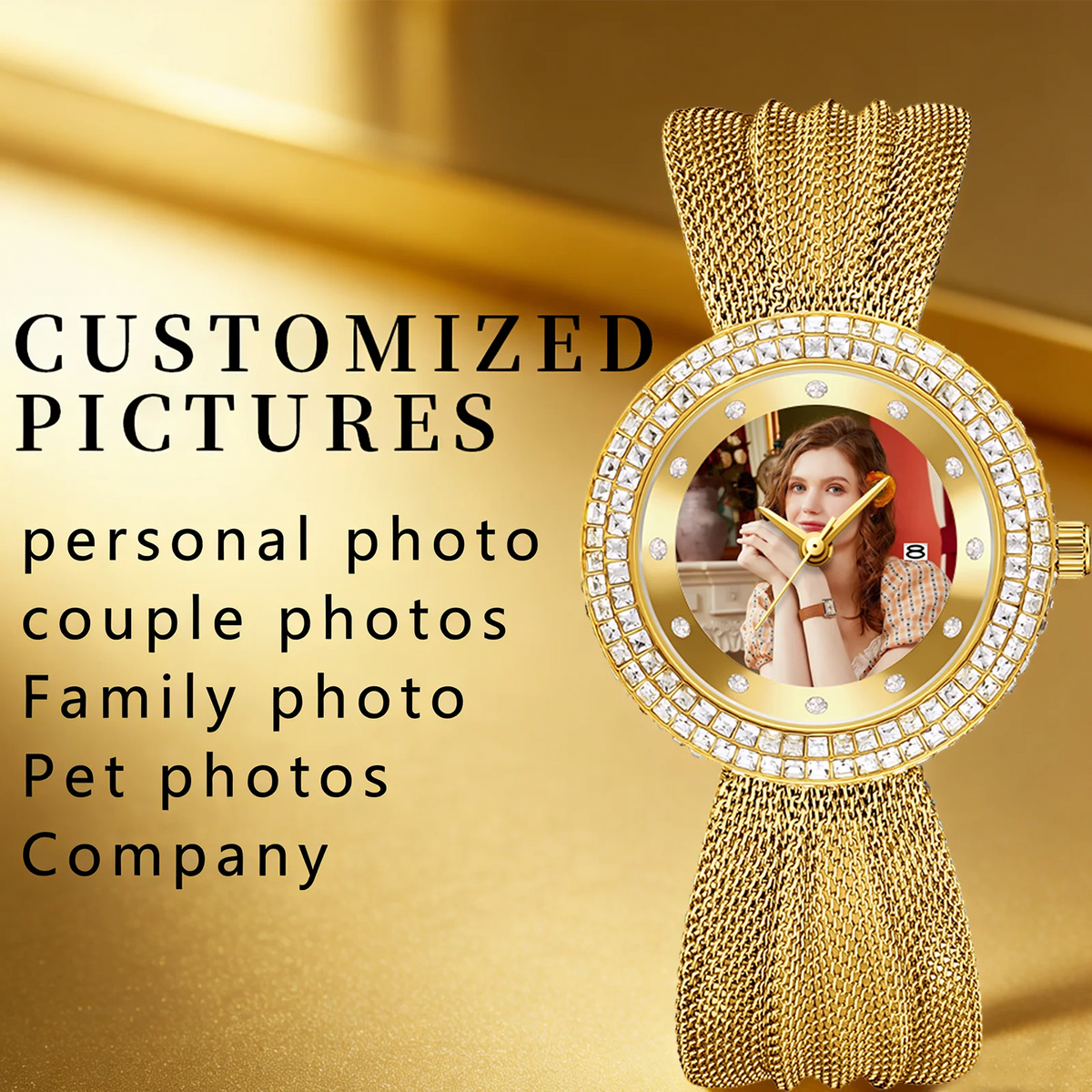 Personalized Diamond-Bezel Mesh Strap Women's Watch – Custom Photo Dial