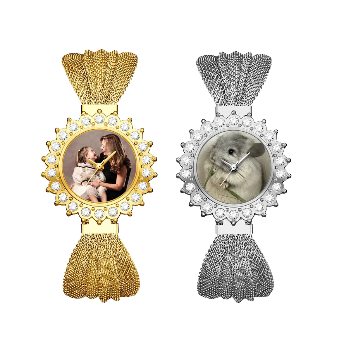 Personalized Photo Gold Women's Watch | Custom Picture Dial with Crystal Bezel & Mesh Band