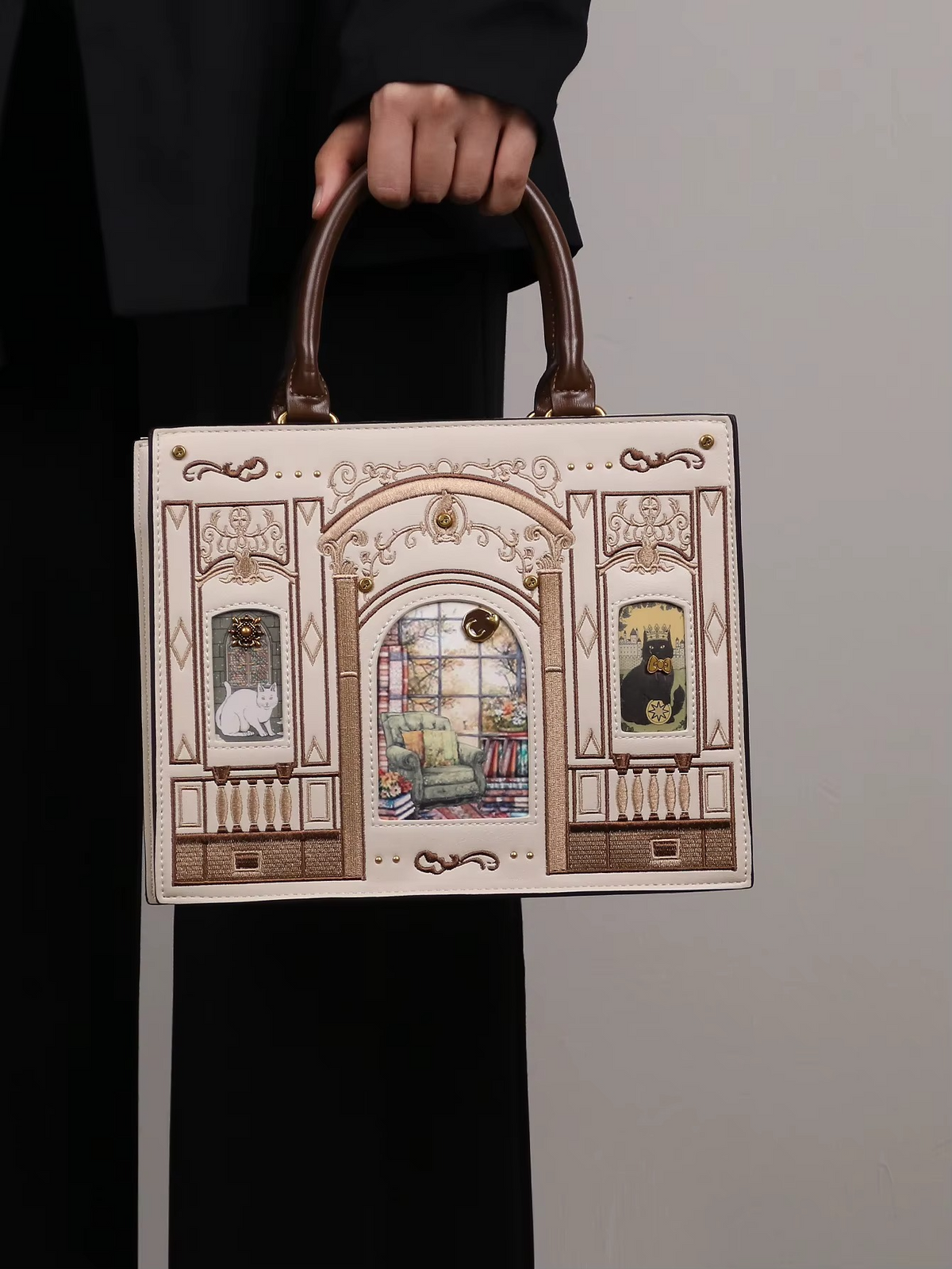 Vintage Baroque Library Top-Handle Satchel – Elegant Embossed Literary Cat Handbag