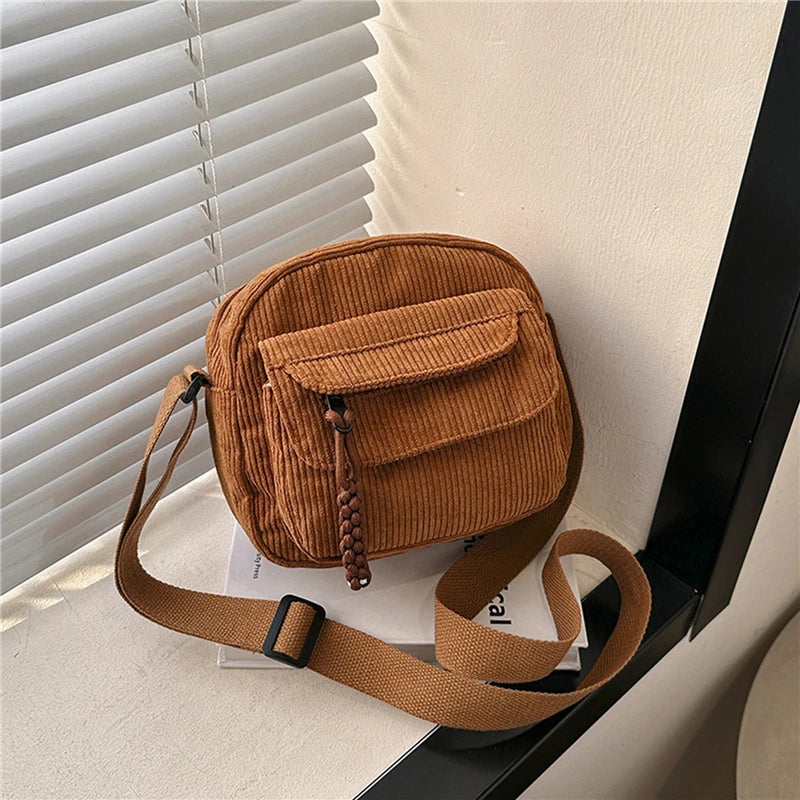 Vintage Corduroy Crossbody Bag Casual Multi-Pocket Shoulder Sling Messenger Bag for Women