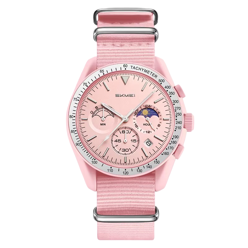 SKMEI Women's Sports Chronograph Watch with Pink NATO Nylon Strap & Moon Phase Dial