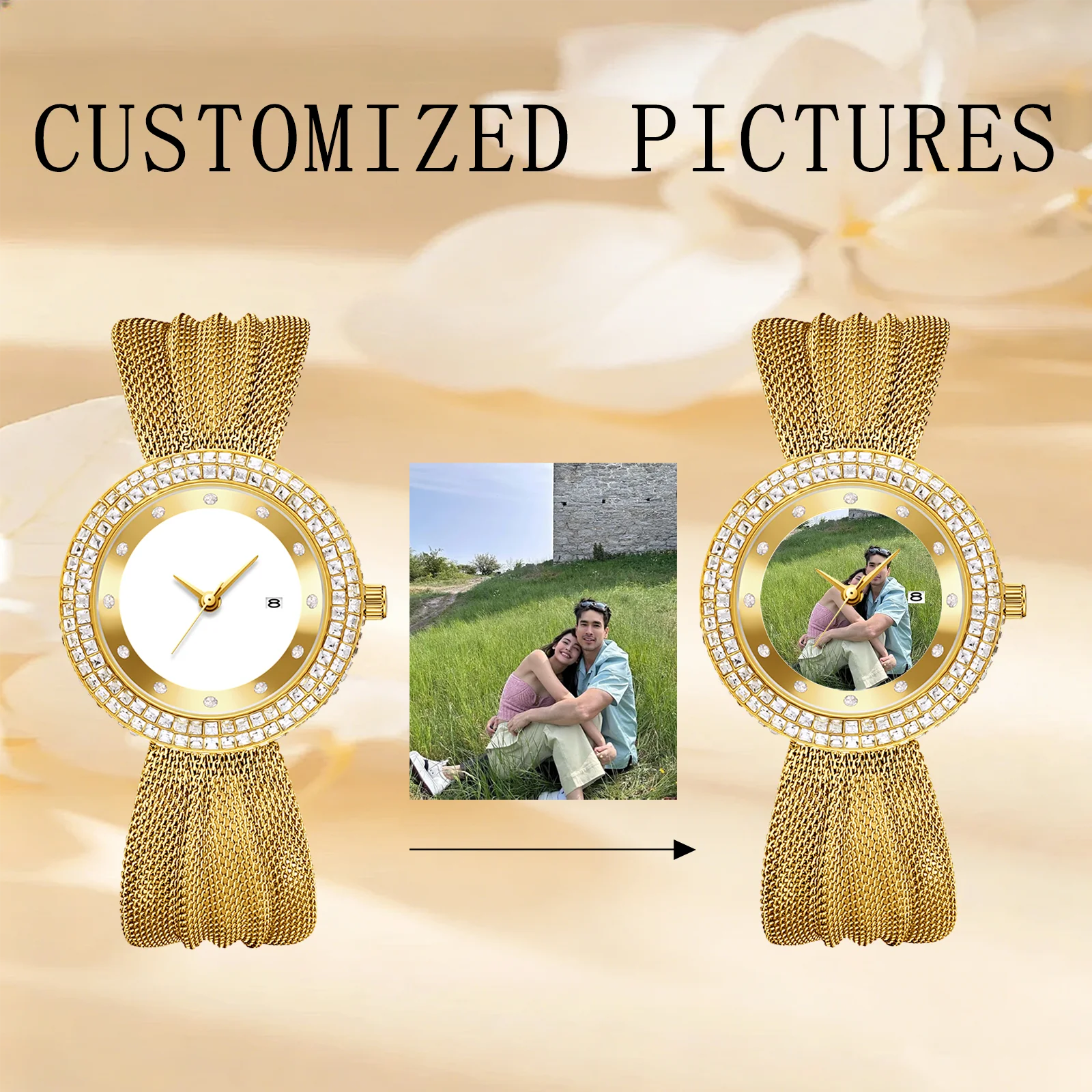 Personalized Diamond-Bezel Mesh Strap Women's Watch – Custom Photo Dial