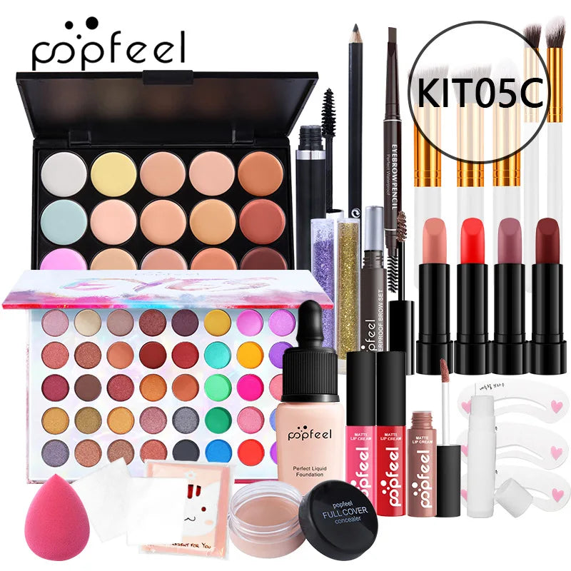 POPFEEEL All-In-One Professional Makeup Kit with Glitter Travel Case – Complete 35+ Piece Cosmetics & Brush Set for Beginners and Pros (KIT014)