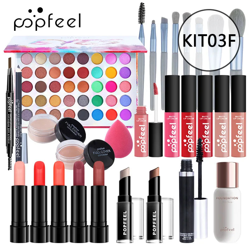 POPFEEEL All-In-One Professional Makeup Kit with Glitter Travel Case – Complete 35+ Piece Cosmetics & Brush Set for Beginners and Pros (KIT014)
