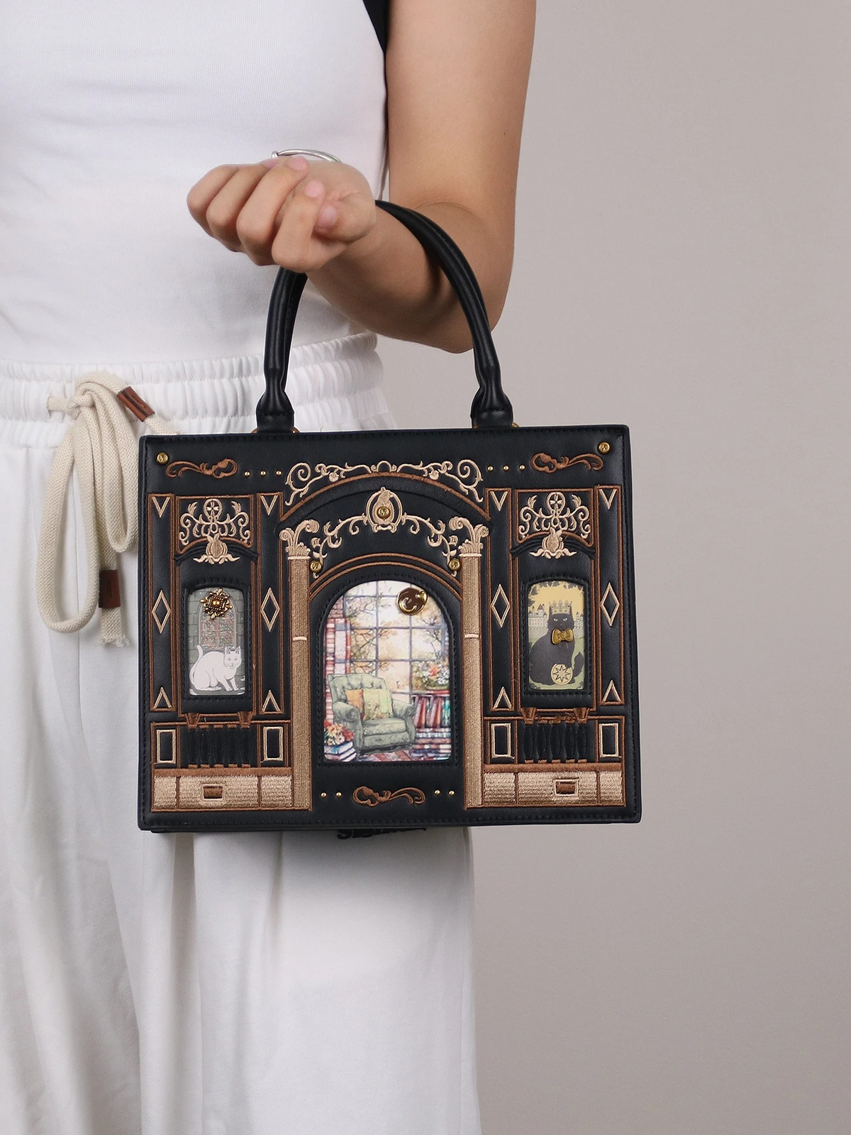 Vintage Baroque Library Top-Handle Satchel – Elegant Embossed Literary Cat Handbag