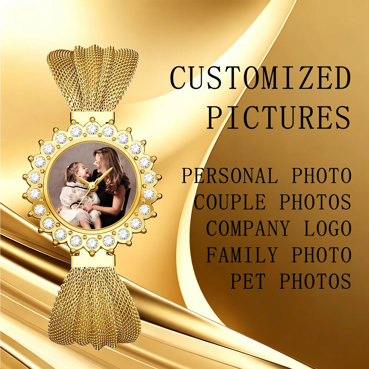 Personalized Photo Gold Women's Watch | Custom Picture Dial with Crystal Bezel & Mesh Band