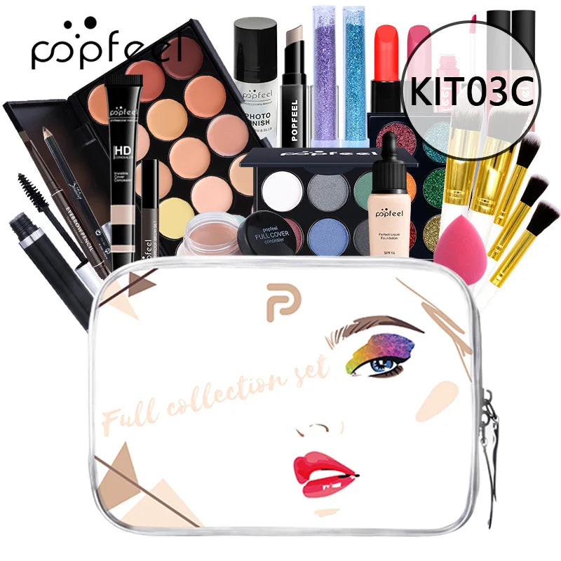 POPFEEEL All-In-One Professional Makeup Kit with Glitter Travel Case – Complete 35+ Piece Cosmetics & Brush Set for Beginners and Pros (KIT014)