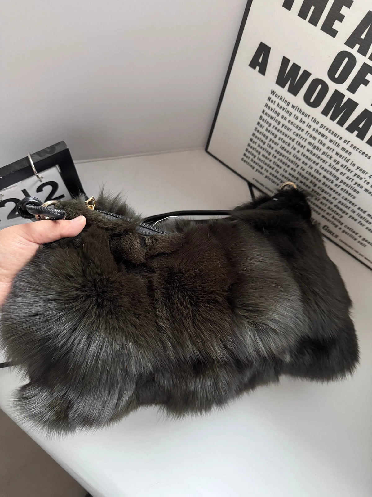 Luxury Faux Fur Color-Block Shoulder Bag – Plush Underarm Handbag with Sleek Leather Strap