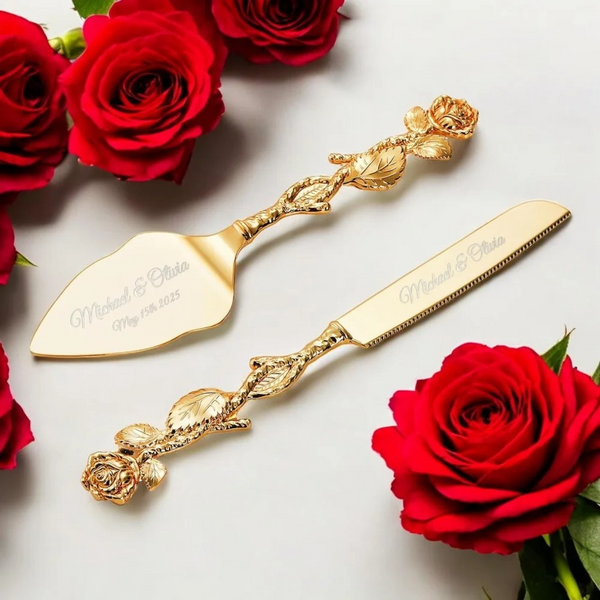 2-Piece Set Elegant Gold Rose Wedding Cake Knife and Server Set