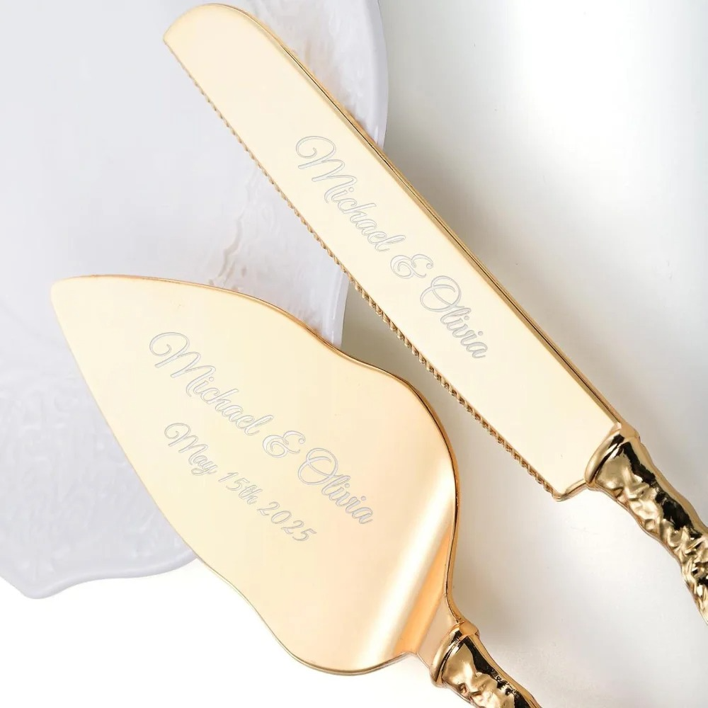 2-Piece Set Elegant Gold Rose Wedding Cake Knife and Server Set