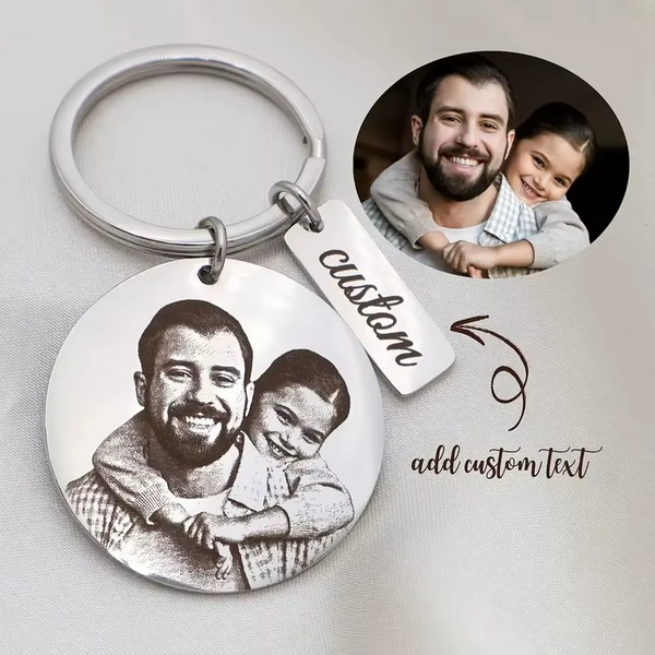 Custom Photo Engraved Stainless Steel Keychain – Personalized Picture & Text Memorial Keepsake Ring for Father's Day, Birthdays, and Anniversaries