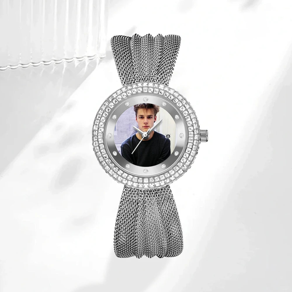Personalized Diamond-Bezel Mesh Strap Women's Watch – Custom Photo Dial