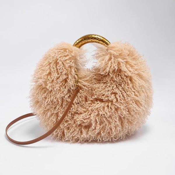 Luxury Faux Shearling Fluffy Cloud Handbag – Chic Curly Plush Crossbody Bag with Hammered Gold Top Handle