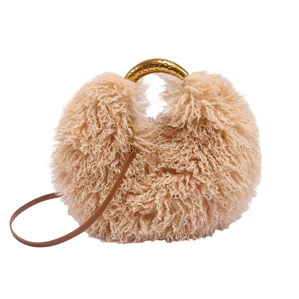 Luxury Faux Shearling Fluffy Cloud Handbag – Chic Curly Plush Crossbody Bag with Hammered Gold Top Handle