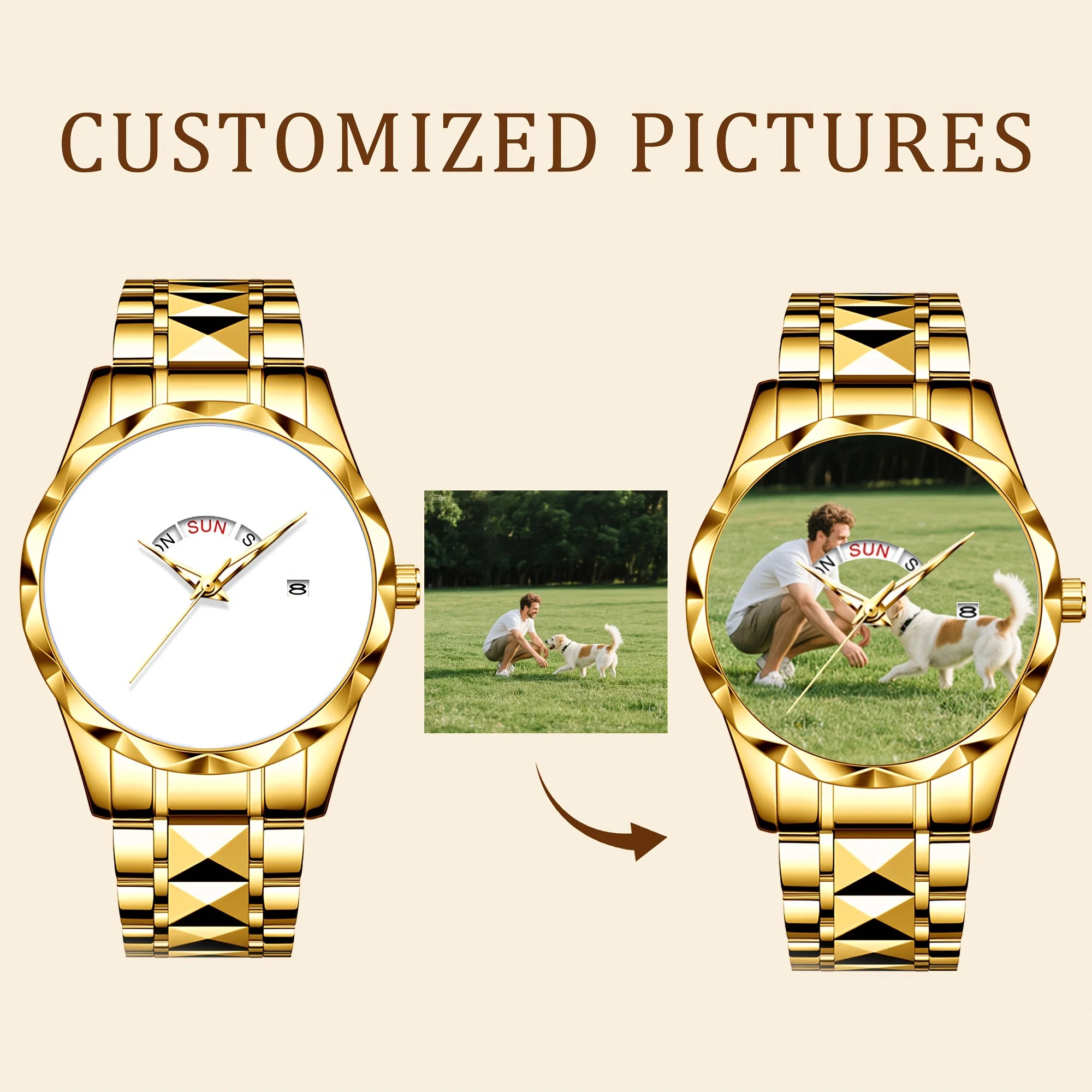Customized Personalized Photo Calendar Watch for Men – Luxury Waterproof Stainless Steel Quartz Wristwatch with Day-Date Display