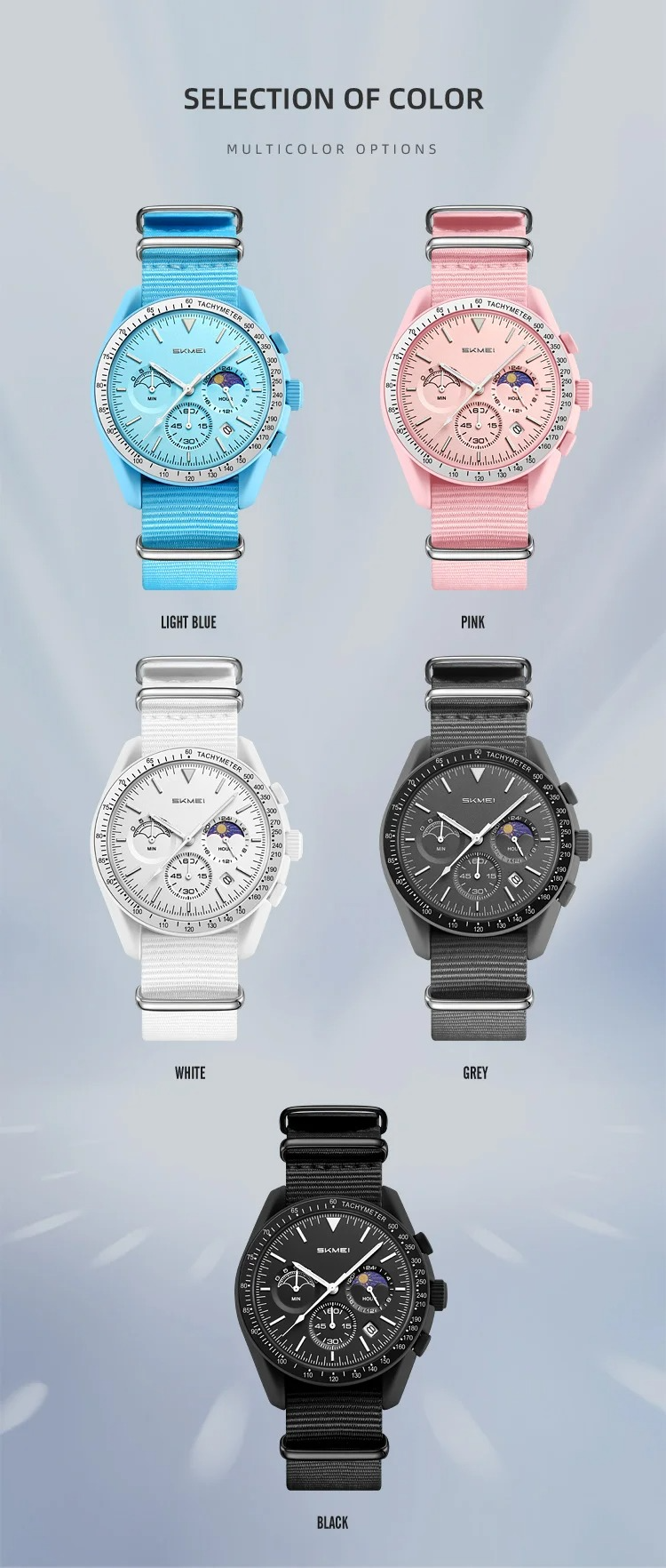 SKMEI Women's Sports Chronograph Watch with Pink NATO Nylon Strap & Moon Phase Dial