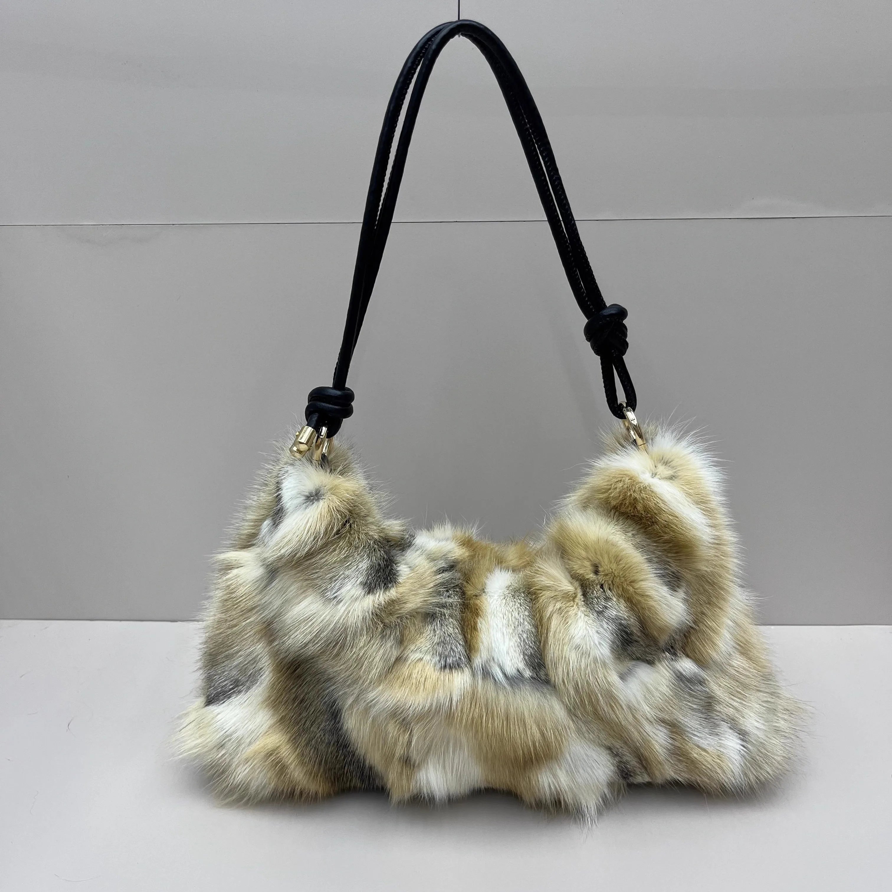Luxury Faux Fur Color-Block Shoulder Bag – Plush Underarm Handbag with Sleek Leather Strap