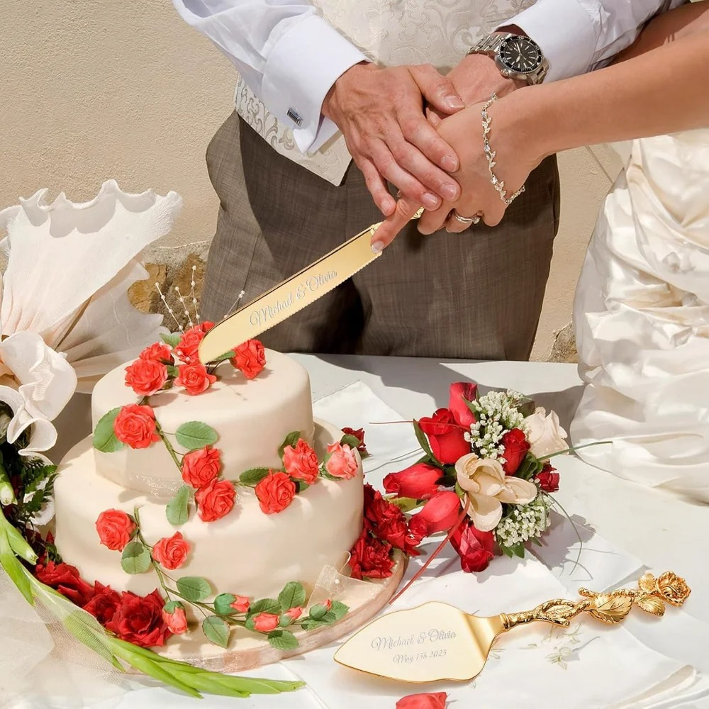 2-Piece Set Elegant Gold Rose Wedding Cake Knife and Server Set